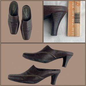 Aerosoles What's What Snapestry Beige Stitch Womens Brown Leather Mules Heels 9B